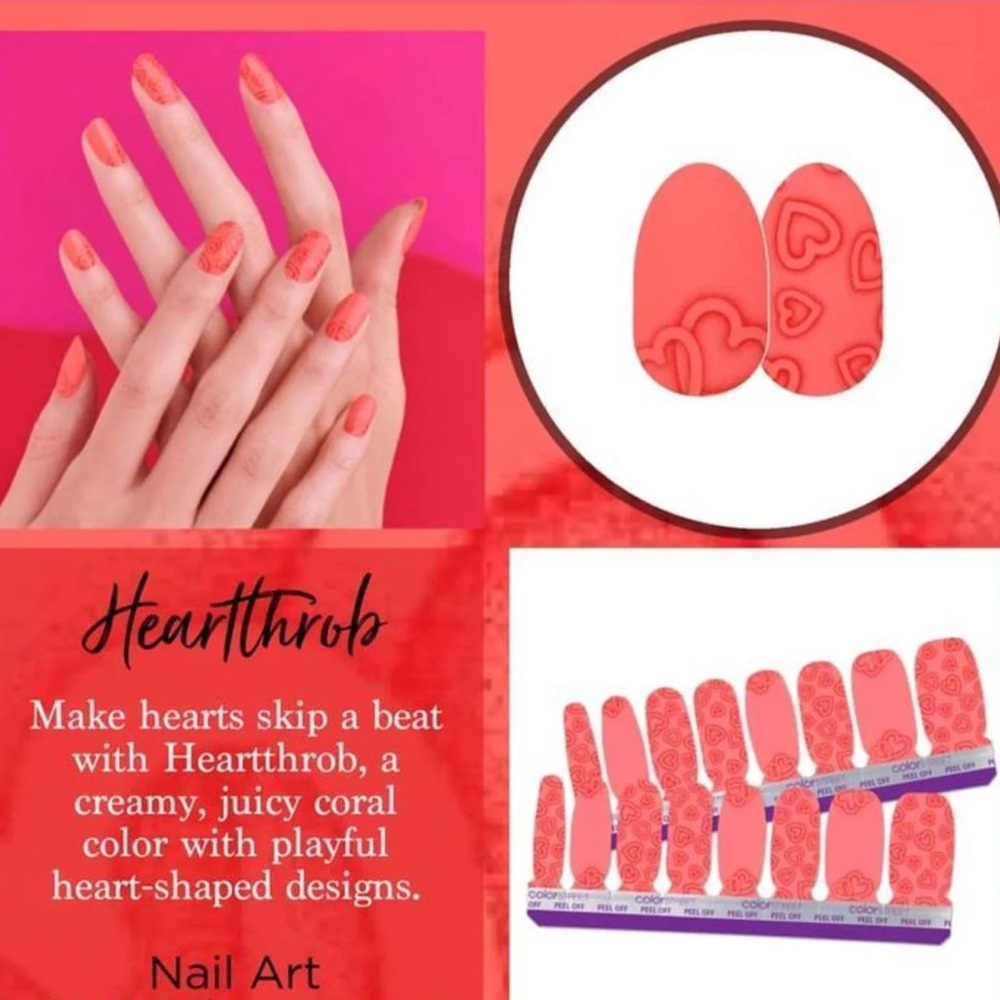 Color Street HEARTTHROB Bright Coral Heart Design Nail Strips Set